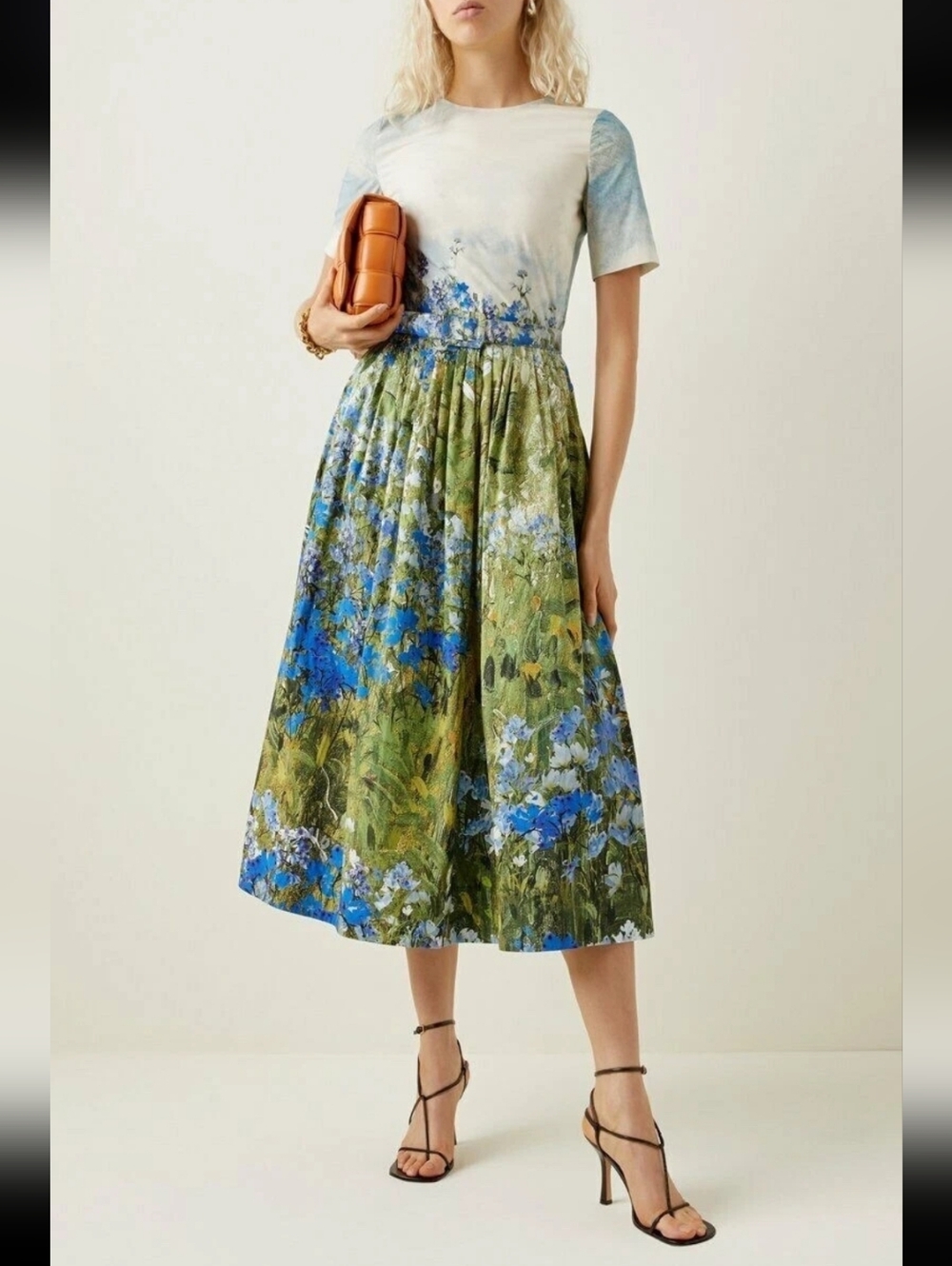 Oscar de la Renta Floral Painting Belted Midi Poplin Dress Resort 2022 Size 6